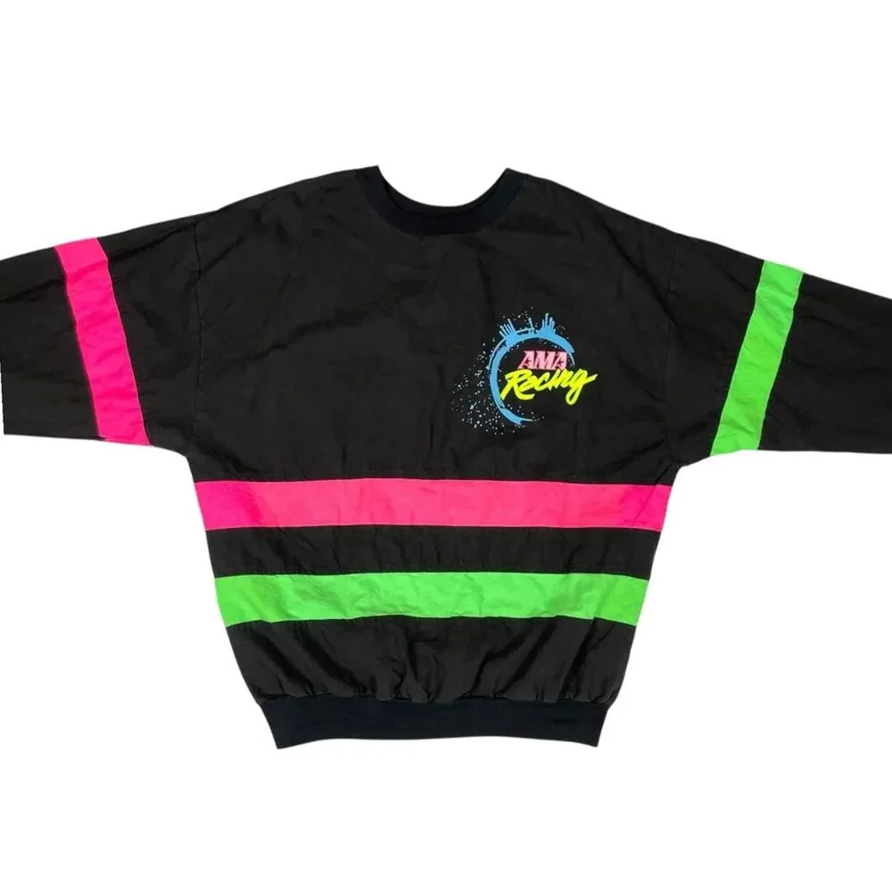 Vintage Men's Black retro AMA racing windbreaker with Pink Green neon Stripes